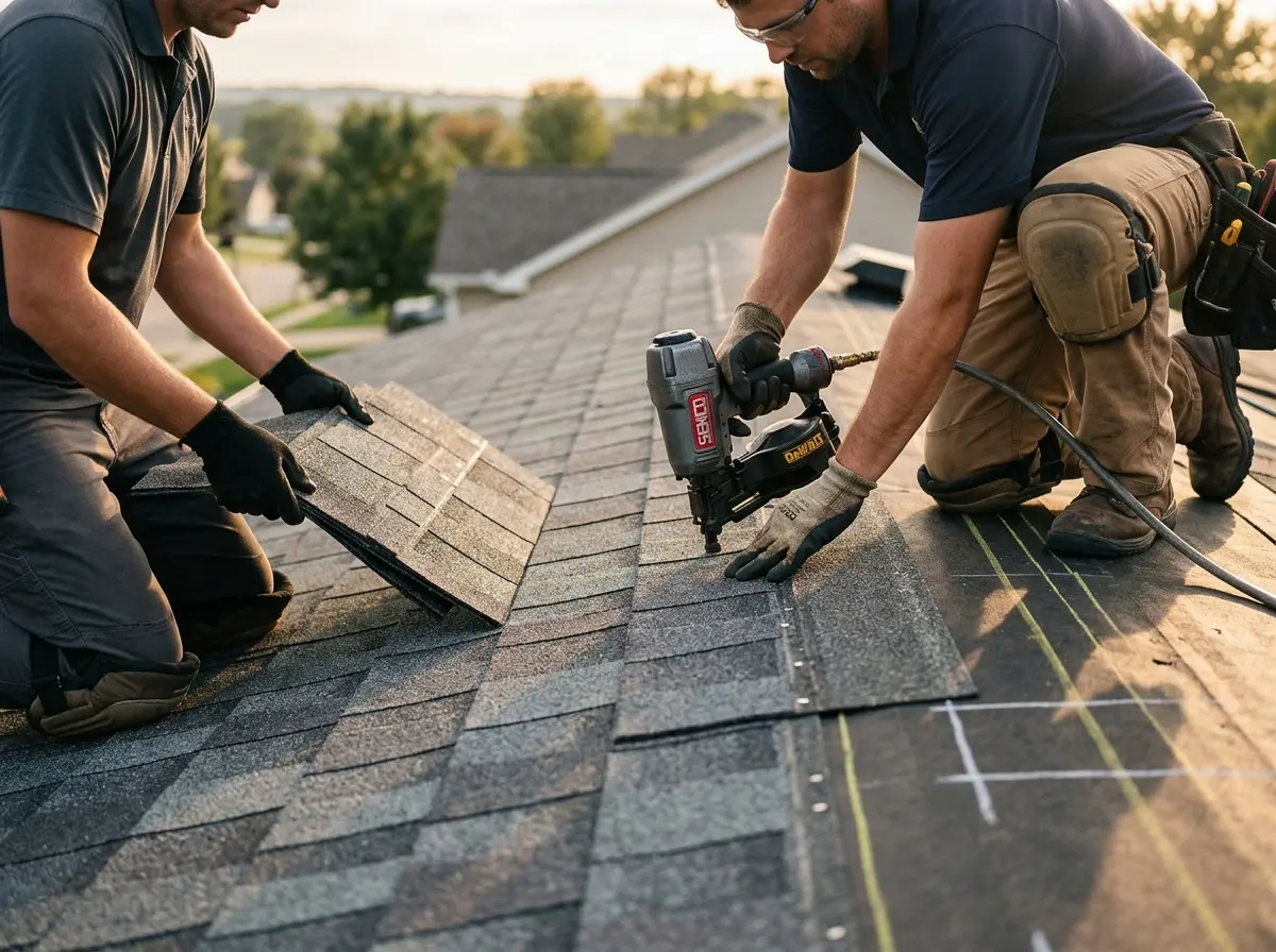 Professional roofer working on a residential roof in Redlands
